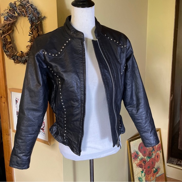 Vintage 80s Black Leather Jacket STUD Zip-Front YKK Silver HW Rock-N-Roll Biker - Picture 3 of 16